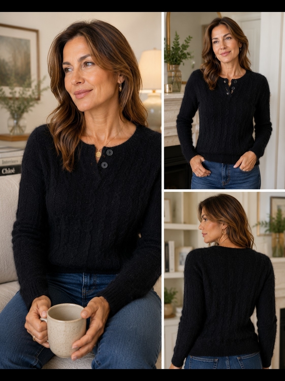 The Limited Black Cable-Knit Henley angora/rabbit hair blend Sweater